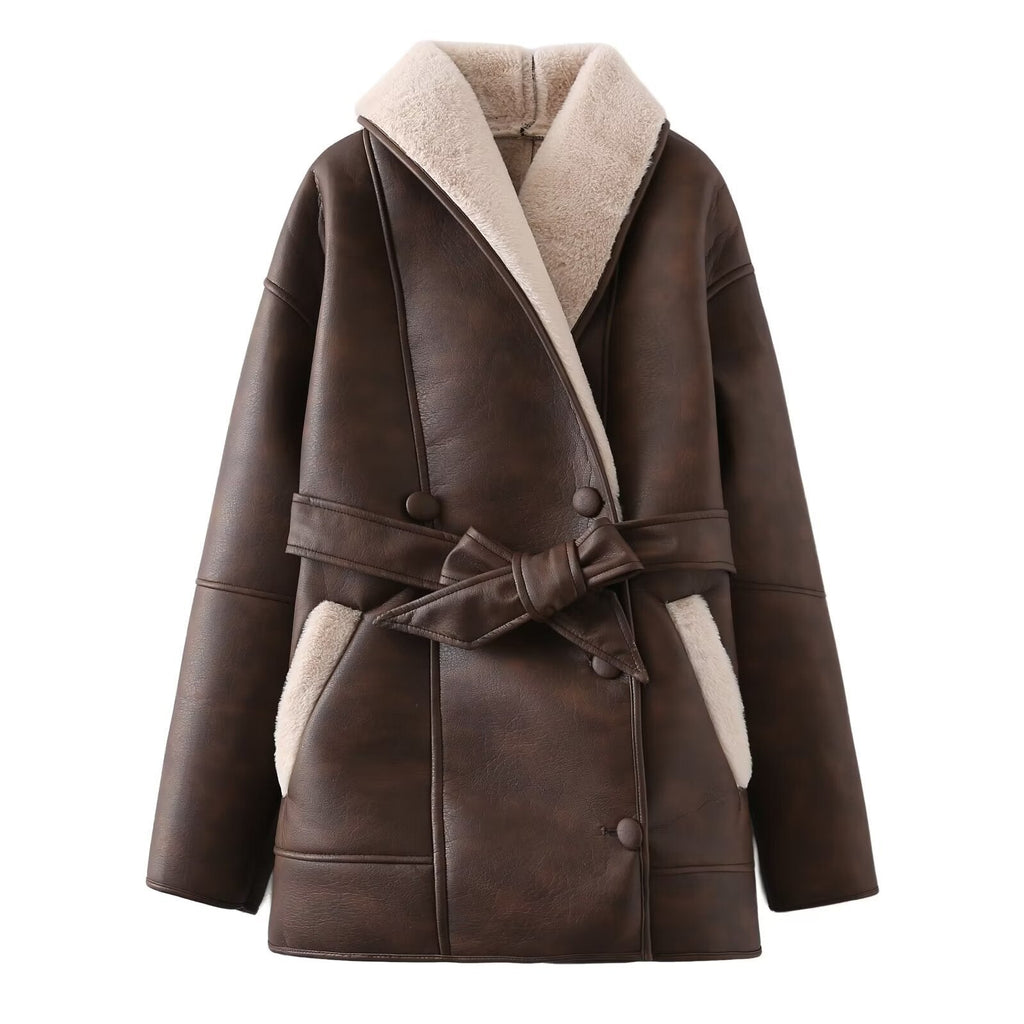 PU Leather Fur-Collar Belted Coat