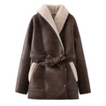 PU Leather Fur-Collar Belted Coat