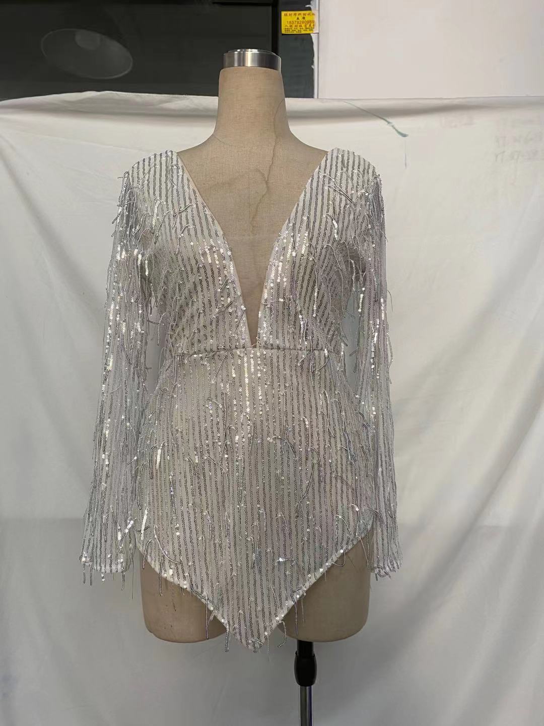 Silver Sequin Tassel Mini Dress