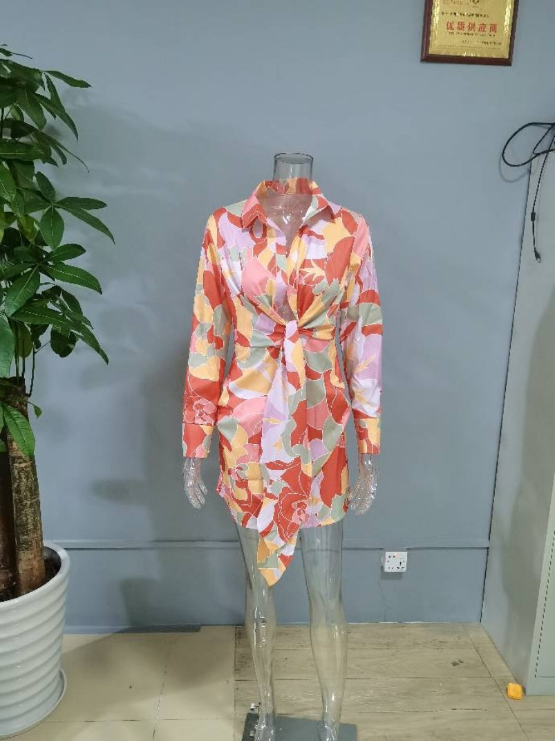 Green Floral Print Collared Long Sleeve Shirt Dress