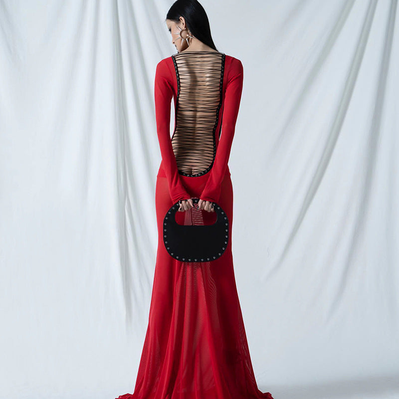 Lace-Up Long Sleeve Bodycon Maxi Dress