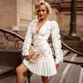 White Lace Embroidery Deep V-Neck A-Line Mini Dress