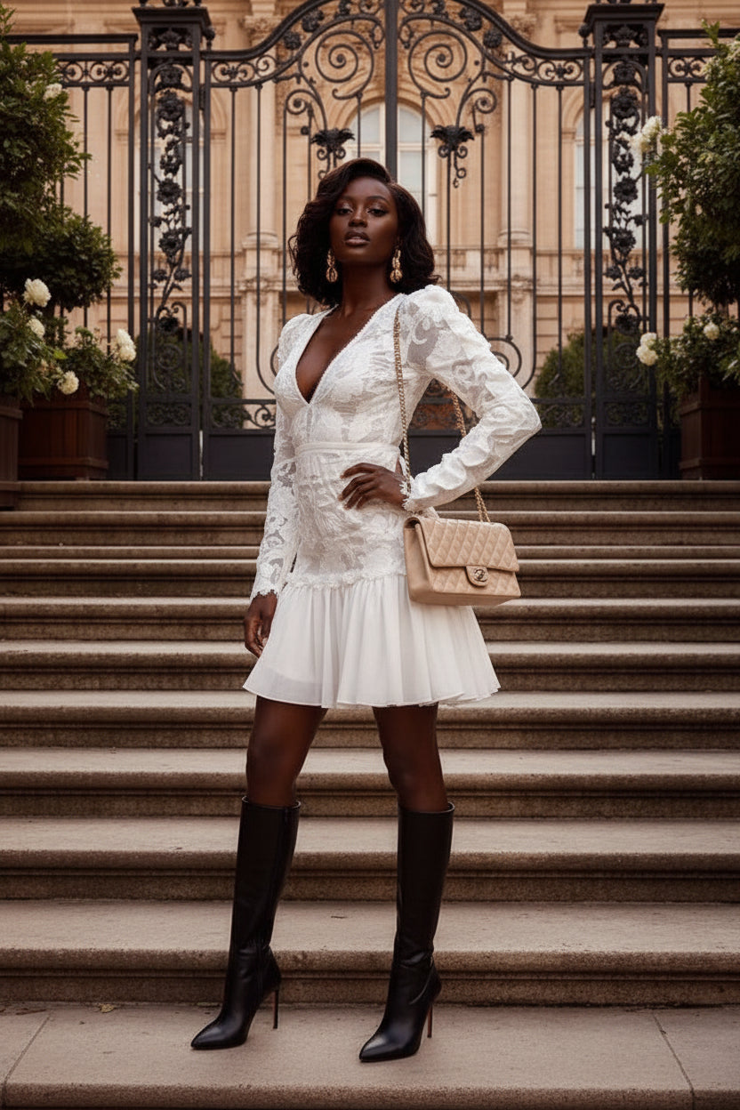 White Lace Embroidery Deep V-Neck A-Line Mini Dress