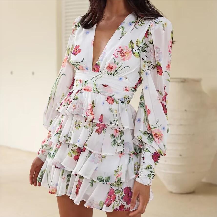 Spring Creative Fresh V Neck Printed Chiffon Layered Tiered Dress Ragazza