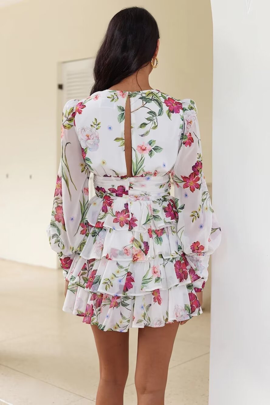 Spring Creative Fresh V Neck Printed Chiffon Layered Tiered Dress Ragazza