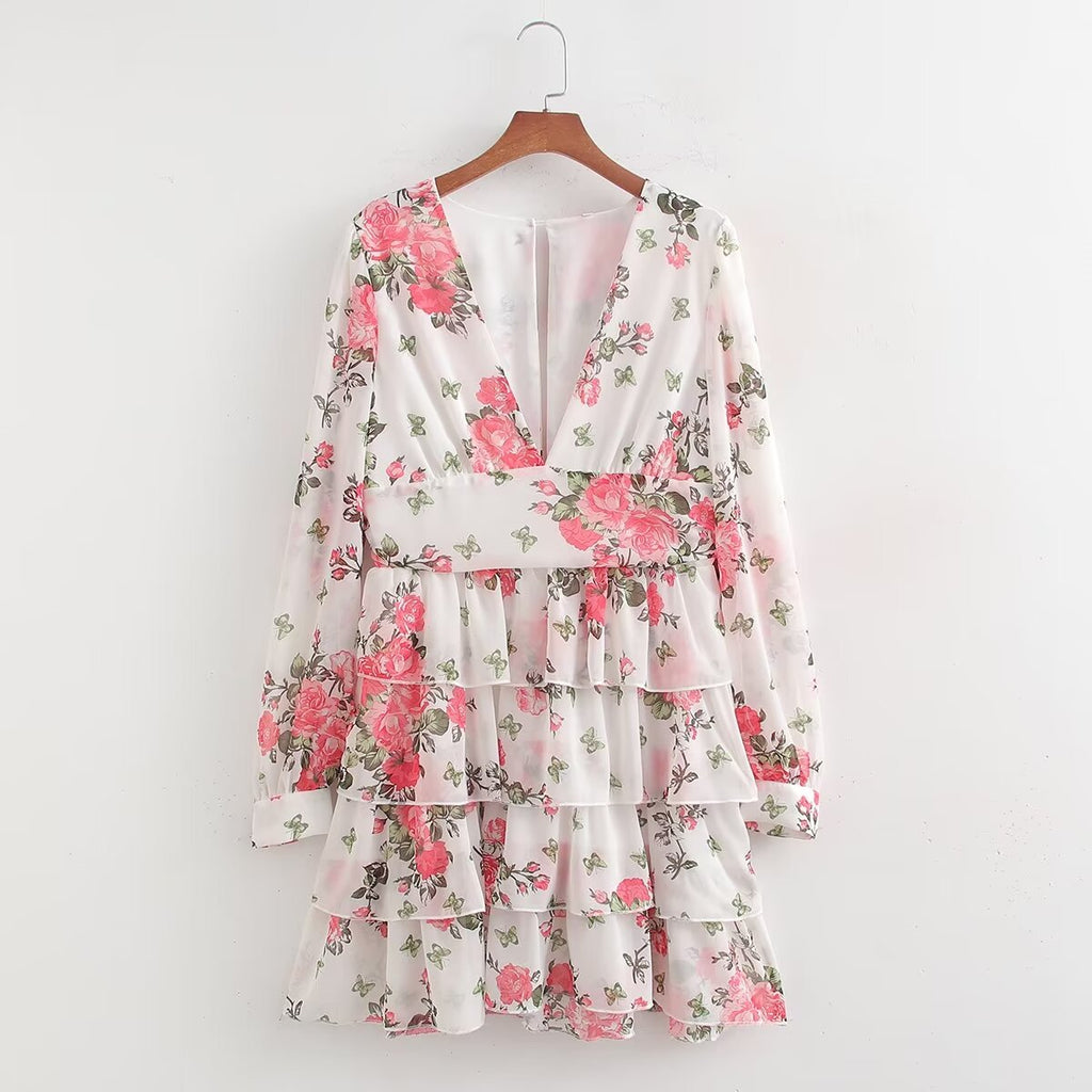 Spring Creative Fresh V Neck Printed Chiffon Layered Tiered Dress Ragazza