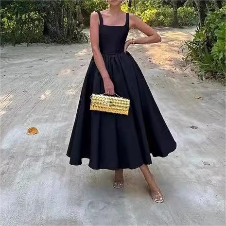 Women Solid Color Frill Strap Slim Fit Patchwork Casual Sling Dress Wanita Store