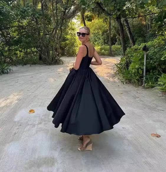 Women Solid Color Frill Strap Slim Fit Patchwork Casual Sling Dress Wanita Store