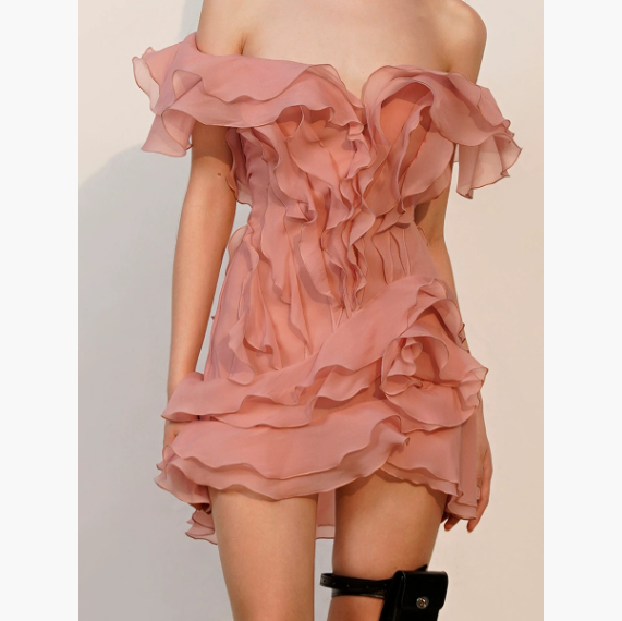 Gold Ruffled Flutter-Sleeve A-Line Dress