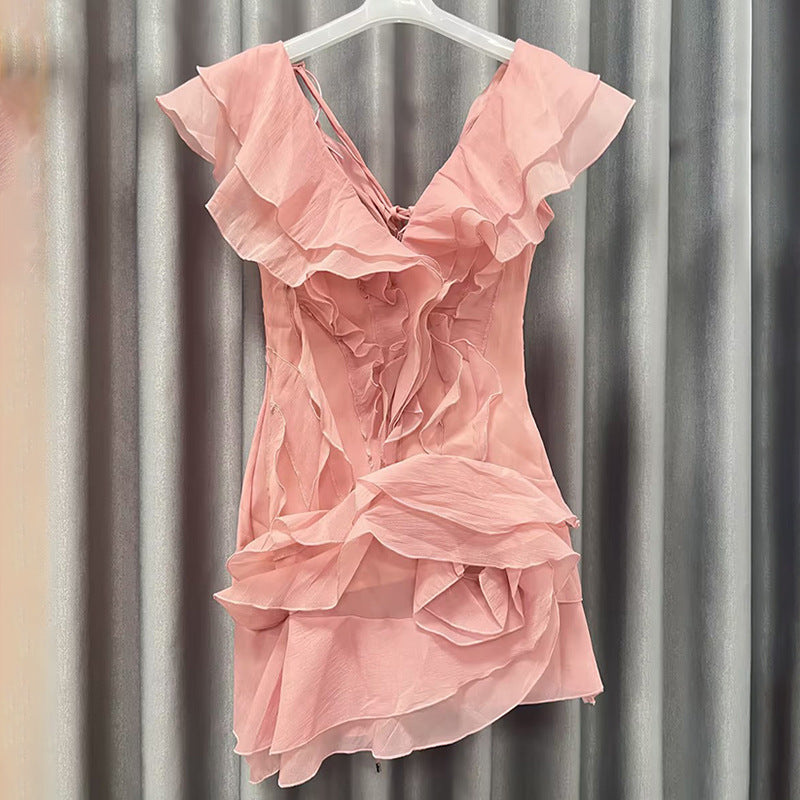 Gold Ruffled Flutter-Sleeve A-Line Dress