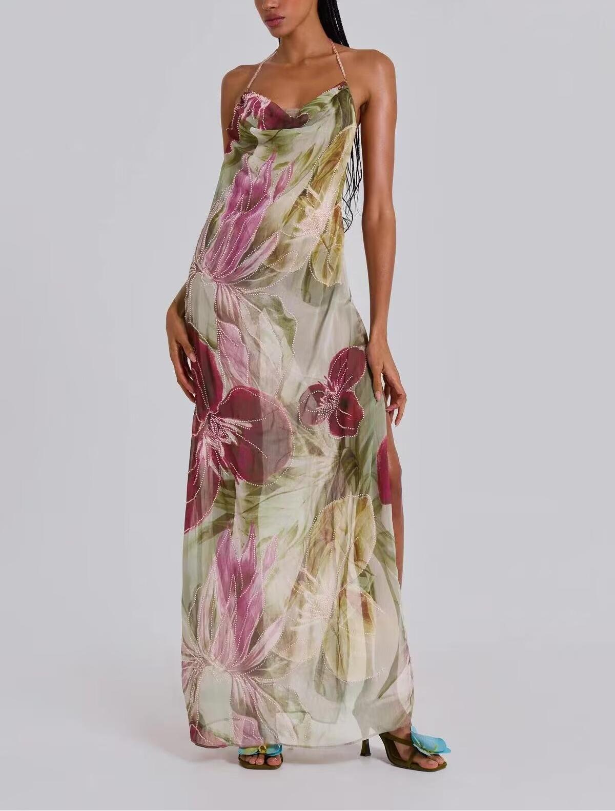 Retro National Leaves Branches Leaves Elastic Printing Fabric Spring Summer Halter Dress Bella Mia