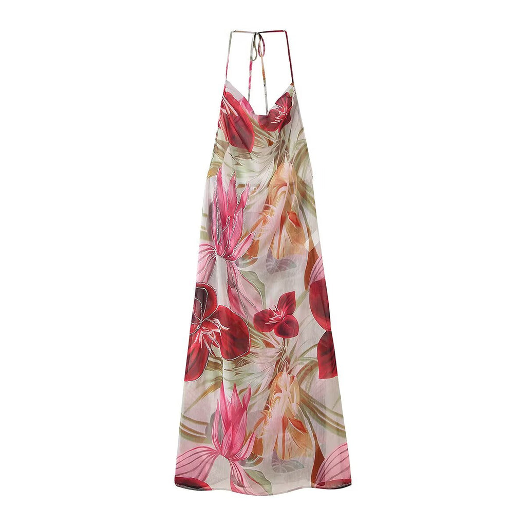 Retro National Leaves Branches Leaves Elastic Printing Fabric Spring Summer Halter Dress Bella Mia