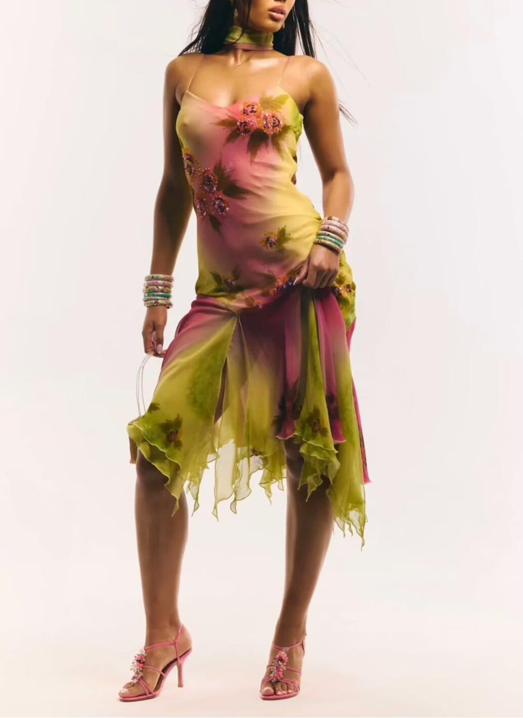 Ruffled Hem Suspender Elegant Embroidered Floral Summer Dress Bella Mia