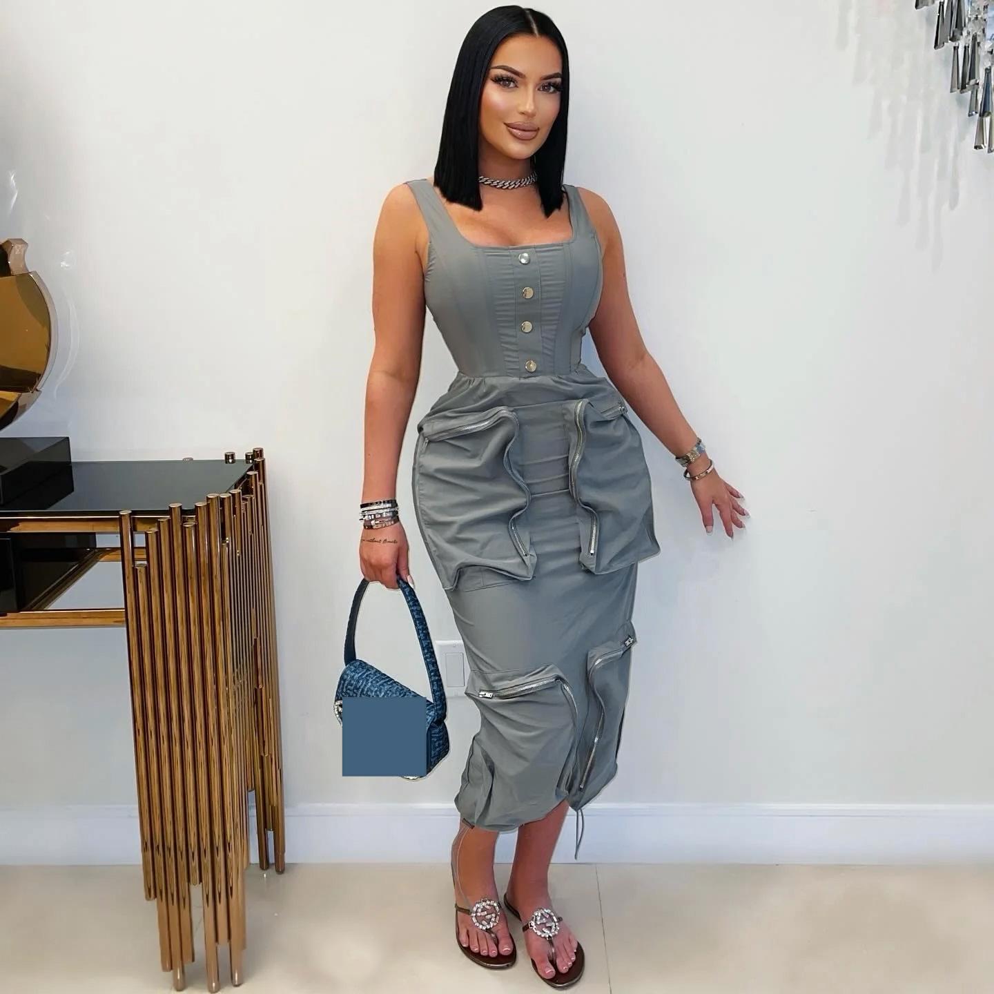 Elegant Casual Cargo Large Pocket Vest Dress Bella Mia