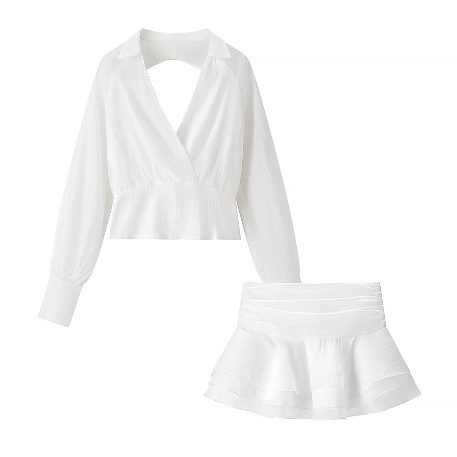 Deep V Backless Ruched Crop Top & High-Rise Pleated Mini Skirt Set