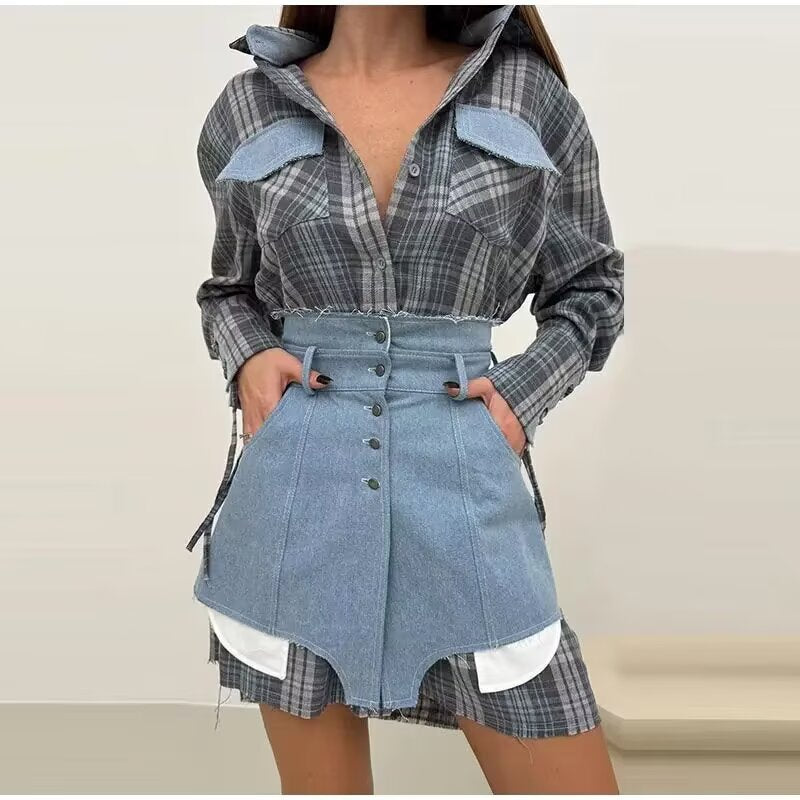 Plaid Check Long Sleeve Shirt & Denim Mini Skirt Two-Piece Set