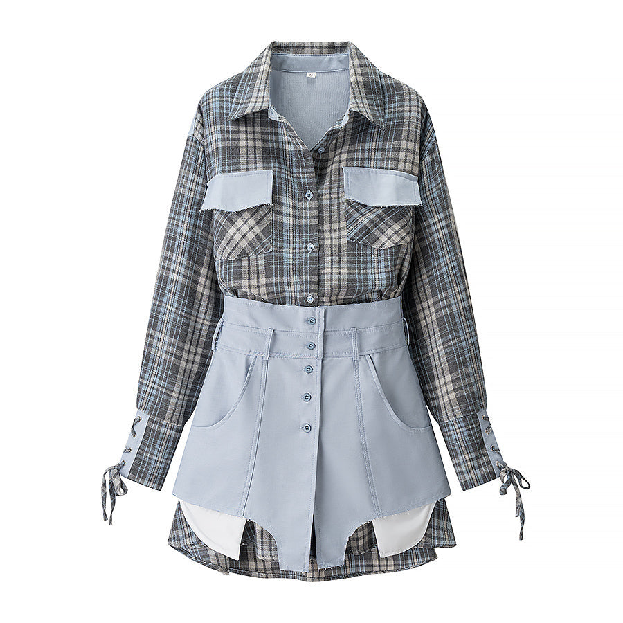 Plaid Check Long Sleeve Shirt & Denim Mini Skirt Two-Piece Set