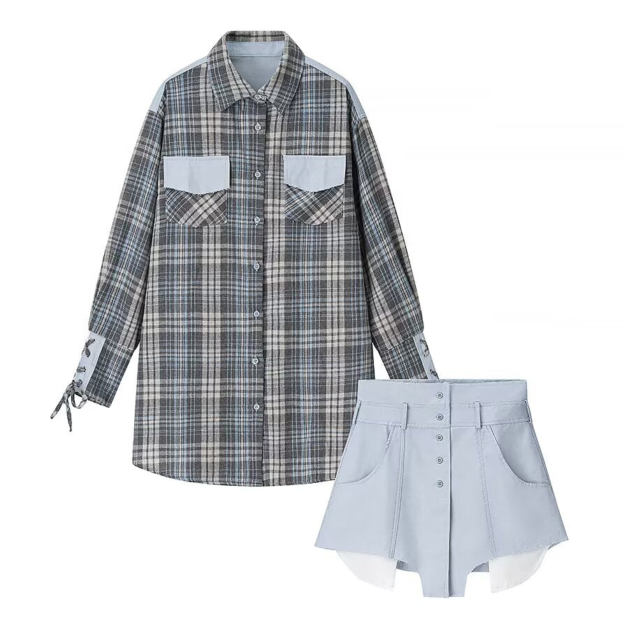 Plaid Check Long Sleeve Shirt & Denim Mini Skirt Two-Piece Set