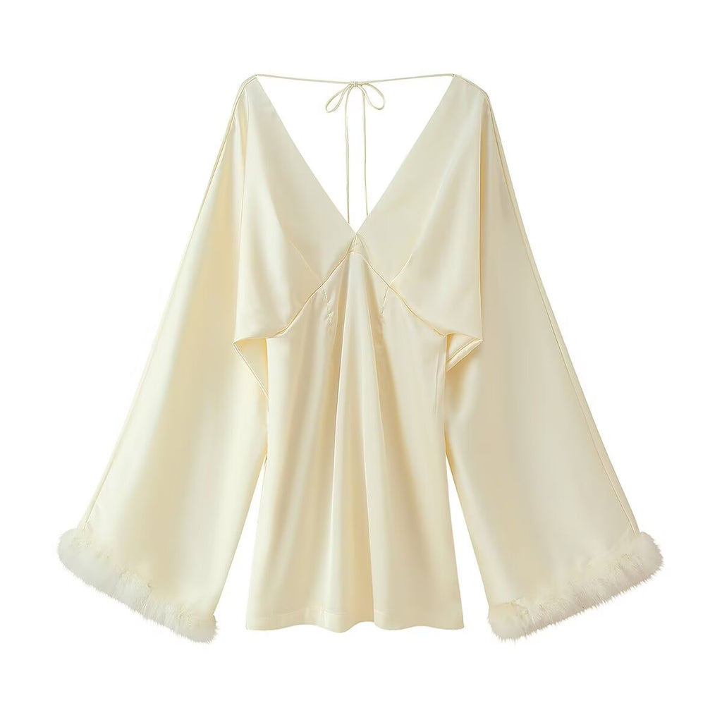 Women Clothing Fall Lightly Mature Intellectual Beauty Feather Trim Cuff Satin V neck Dress Wanita Store