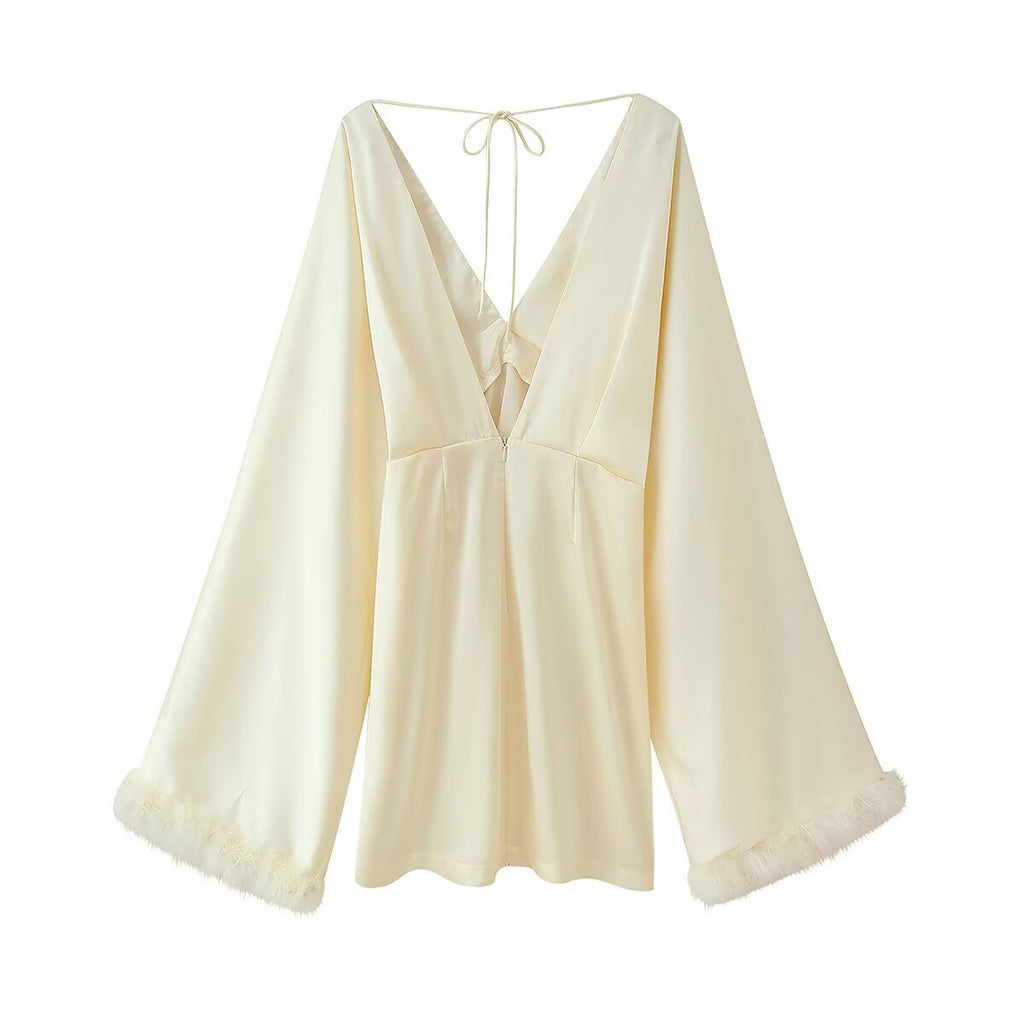 Women Clothing Fall Lightly Mature Intellectual Beauty Feather Trim Cuff Satin V neck Dress Wanita Store