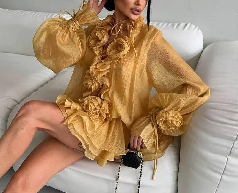 3D Floral Collared Ruffle Lace-Up Top & High-Rise Mini Skirt Set