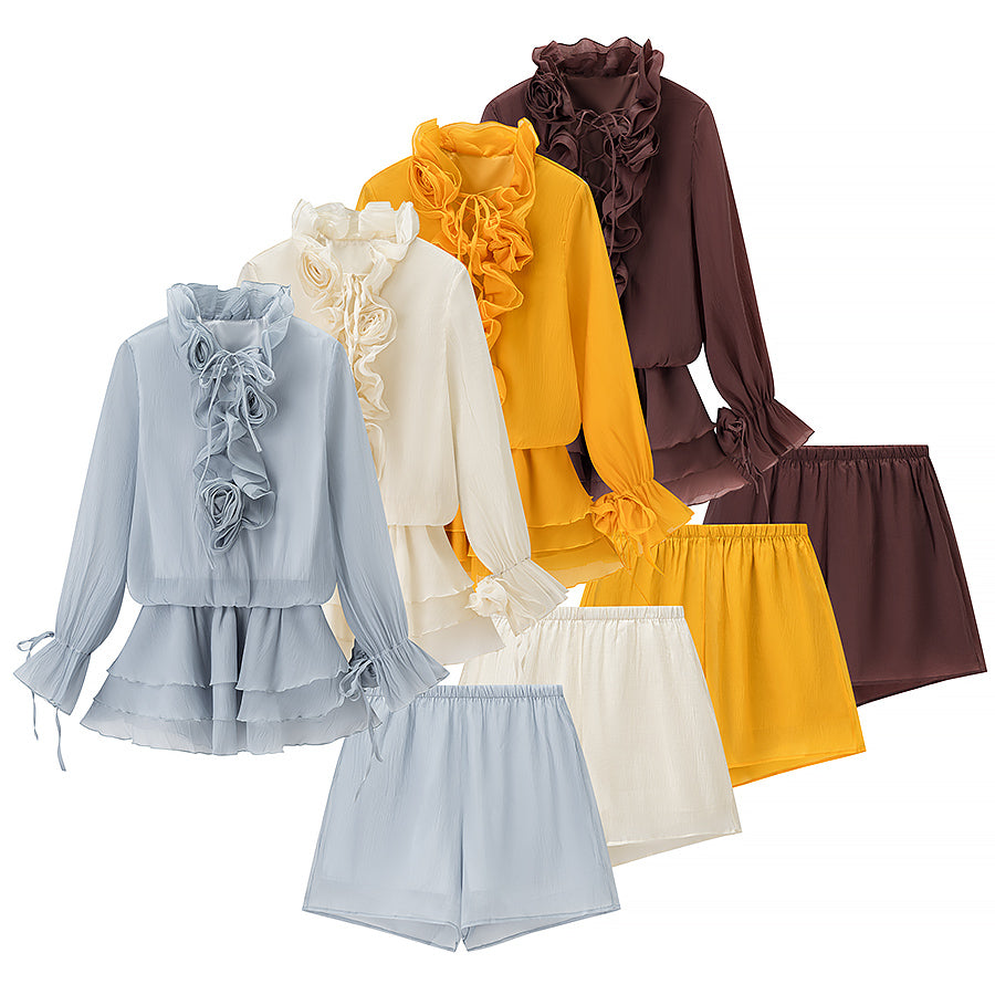 3D Floral Collared Ruffle Lace-Up Top & High-Rise Mini Skirt Set
