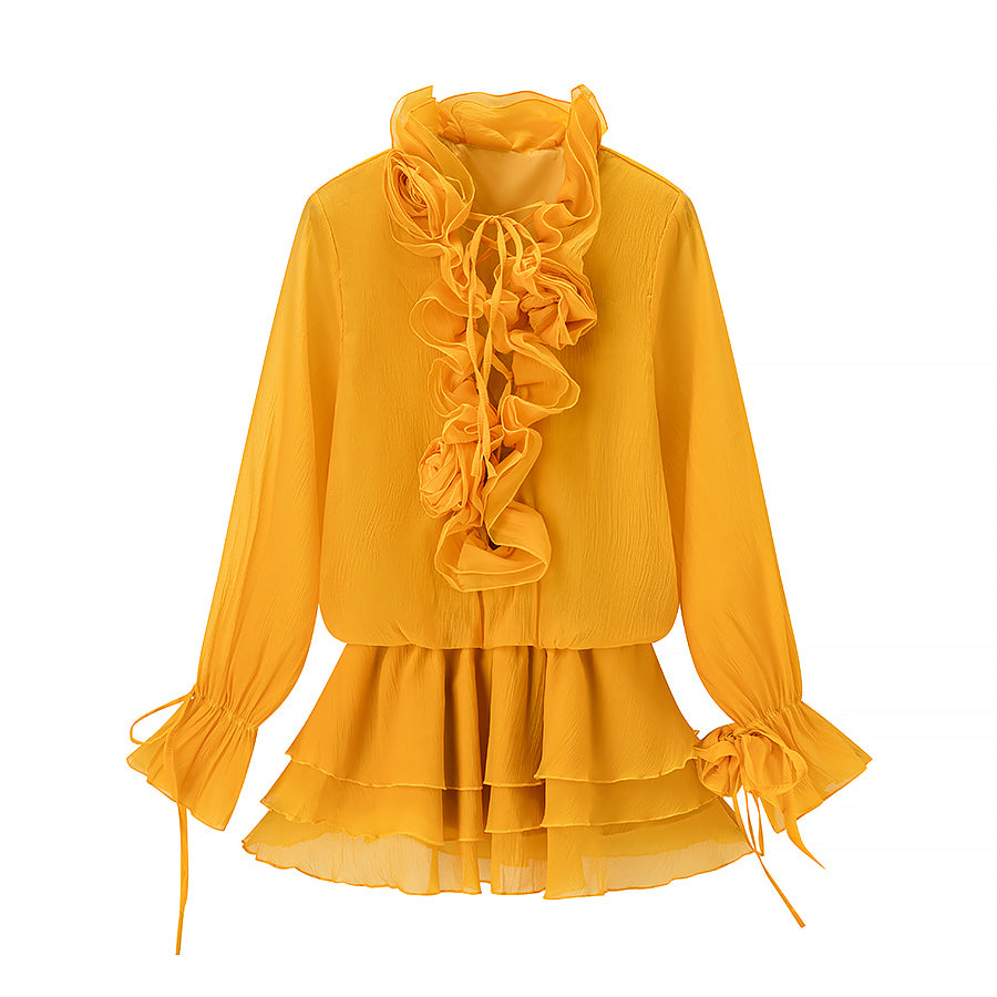 3D Floral Collared Ruffle Lace-Up Top & High-Rise Mini Skirt Set