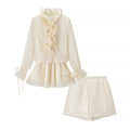 3D Floral Collared Ruffle Lace-Up Top & High-Rise Mini Skirt Set