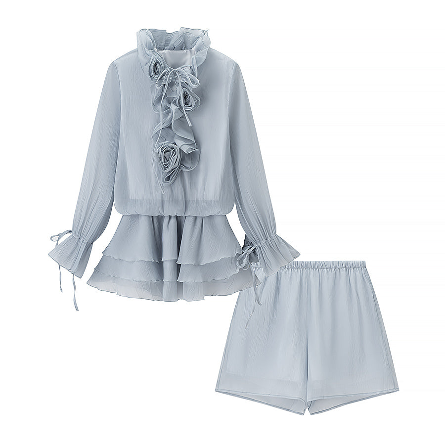 3D Floral Collared Ruffle Lace-Up Top & High-Rise Mini Skirt Set