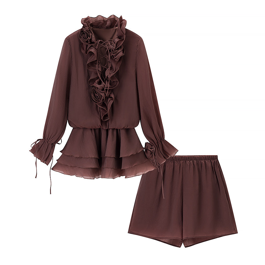 3D Floral Collared Ruffle Lace-Up Top & High-Rise Mini Skirt Set