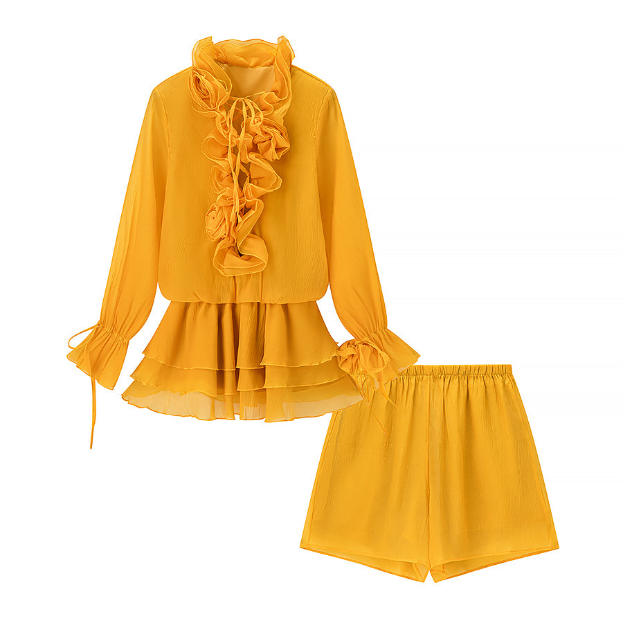 3D Floral Collared Ruffle Lace-Up Top & High-Rise Mini Skirt Set