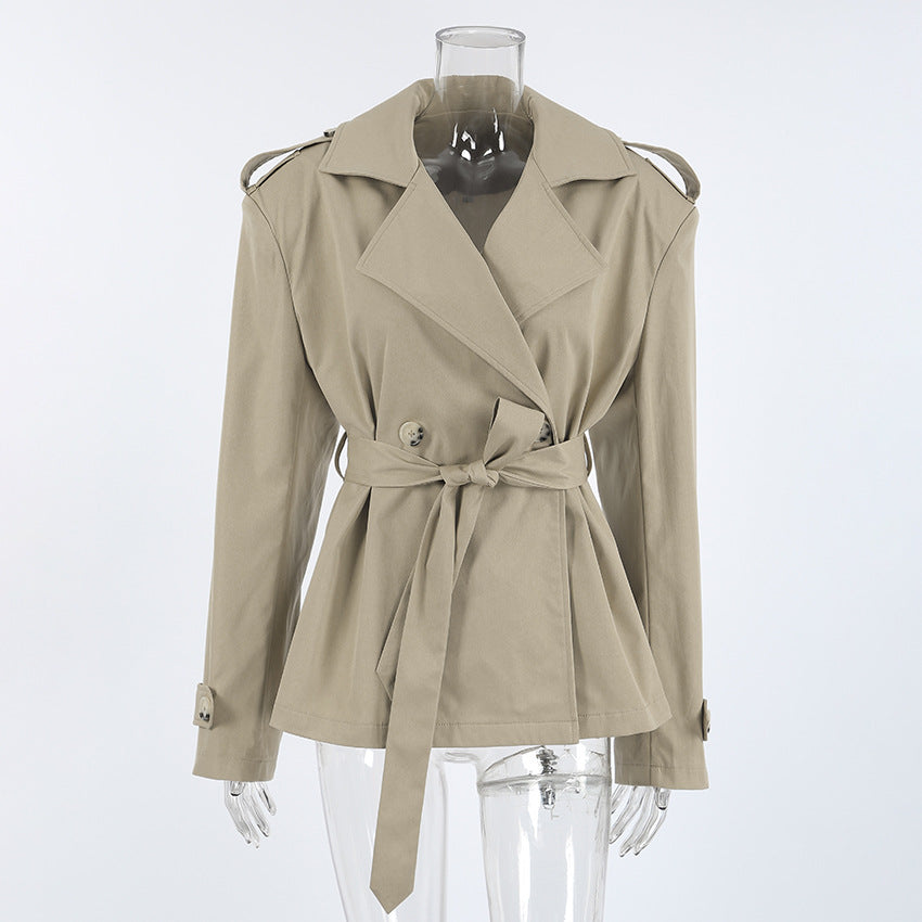 Autumn Design Trendy Casual Lace up Tight Waist Mid Length Khaki Trench Coat for Women