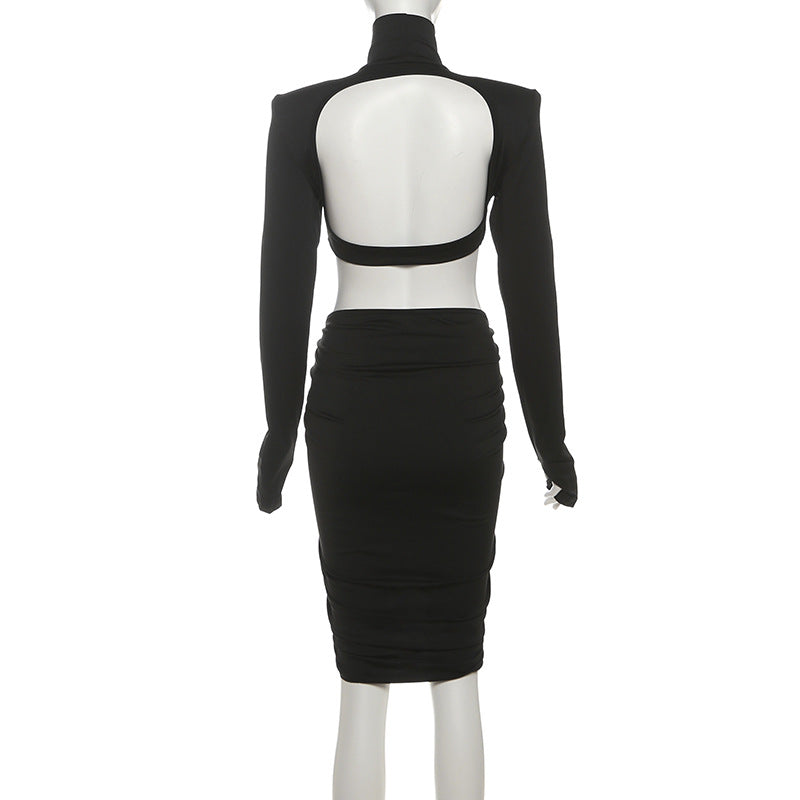 Black Turtleneck Backless Ruffle Hip Dress