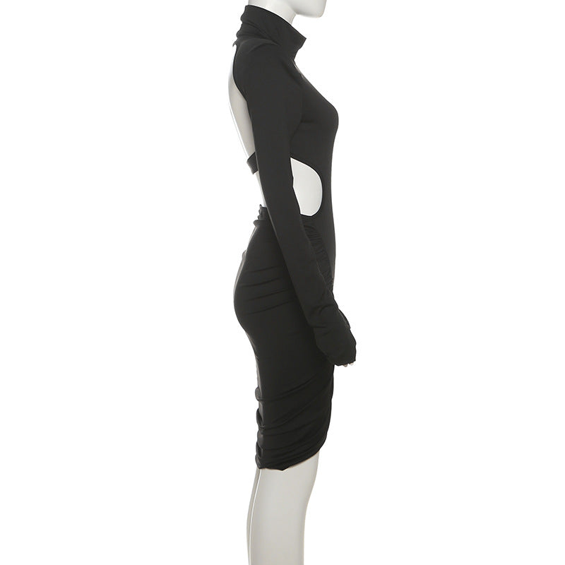Black Turtleneck Backless Ruffle Hip Dress