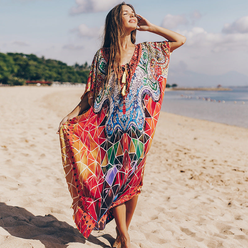 Marble Print Silky Robe Loose Beach Maxi Dress Bella Mia