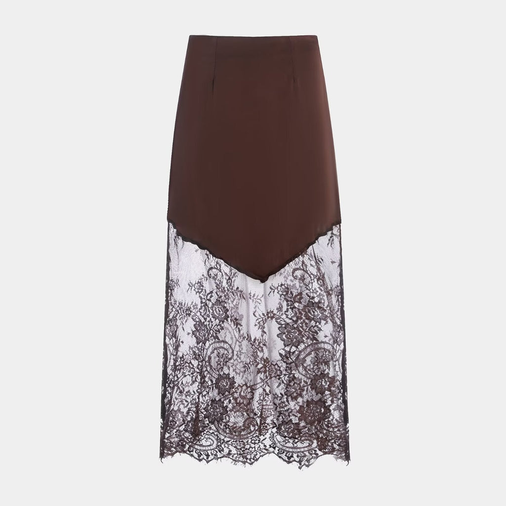 Women Clothing Winter Sexy See through Lace Stitching High Waist Skirt Long Skirt Bella Mia