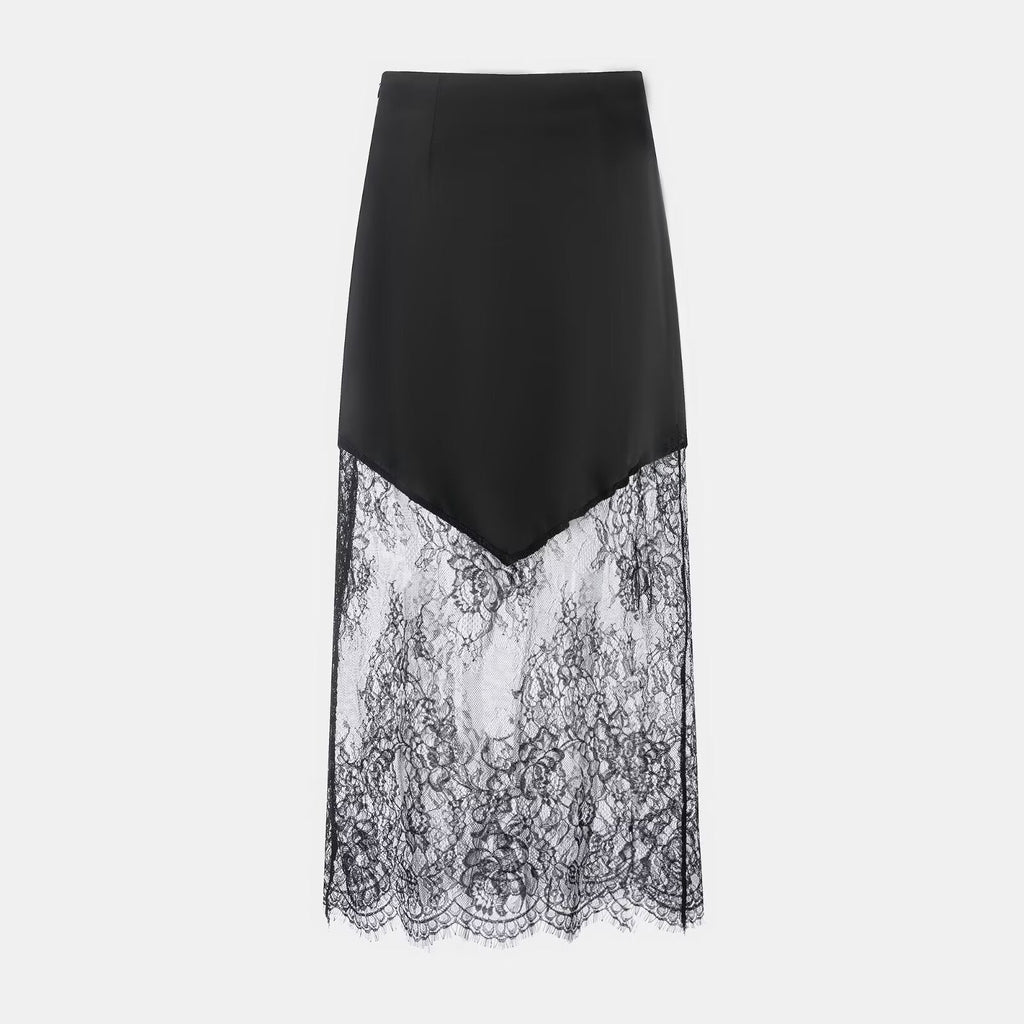 Women Clothing Winter Sexy See through Lace Stitching High Waist Skirt Long Skirt Bella Mia