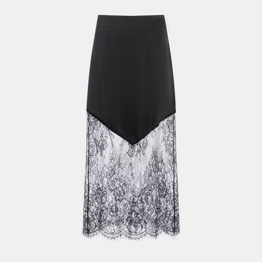 Women Clothing Winter Sexy See through Lace Stitching High Waist Skirt Long Skirt Bella Mia