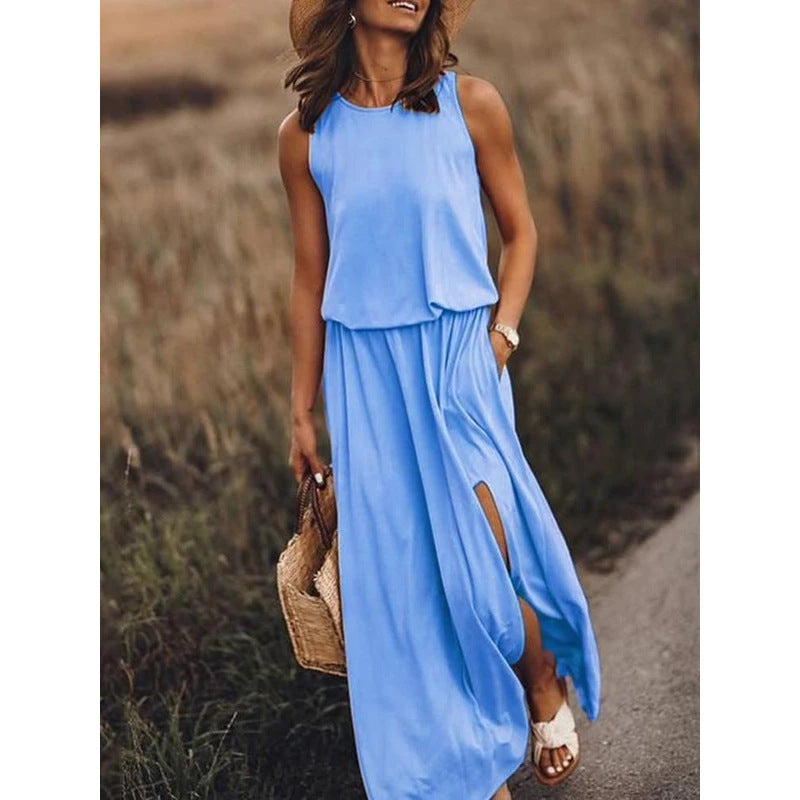 Spring Summer Women Clothing round Neck Sleeveless Dress Split Solid Color Casual Office Dress