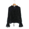 Gentle Pleated Lace up Chiffon Shirt Women Spring Loose Long Sleeve V neck Ruffled Chic Top Wanita Store