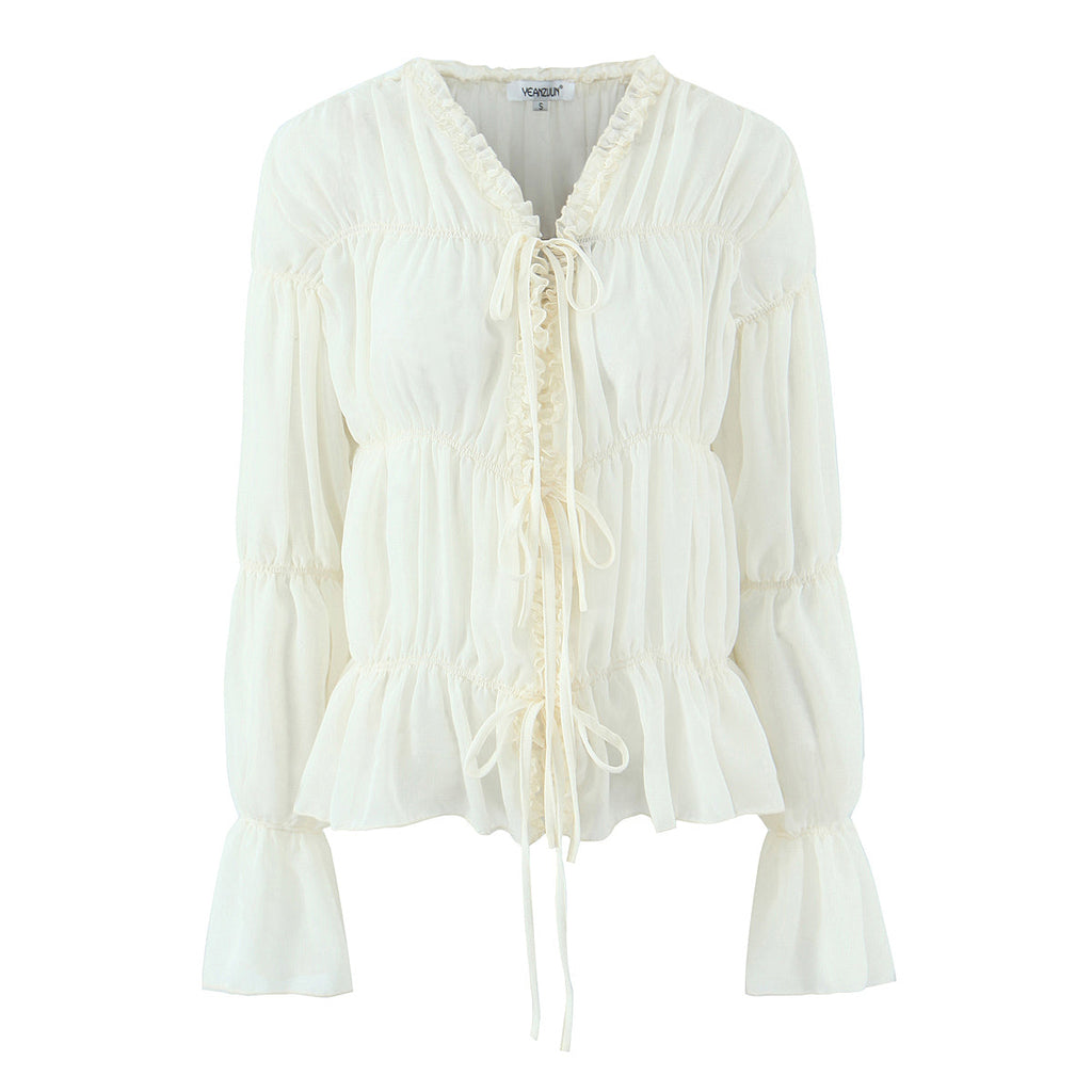 Gentle Pleated Lace up Chiffon Shirt Women Spring Loose Long Sleeve V neck Ruffled Chic Top Wanita Store