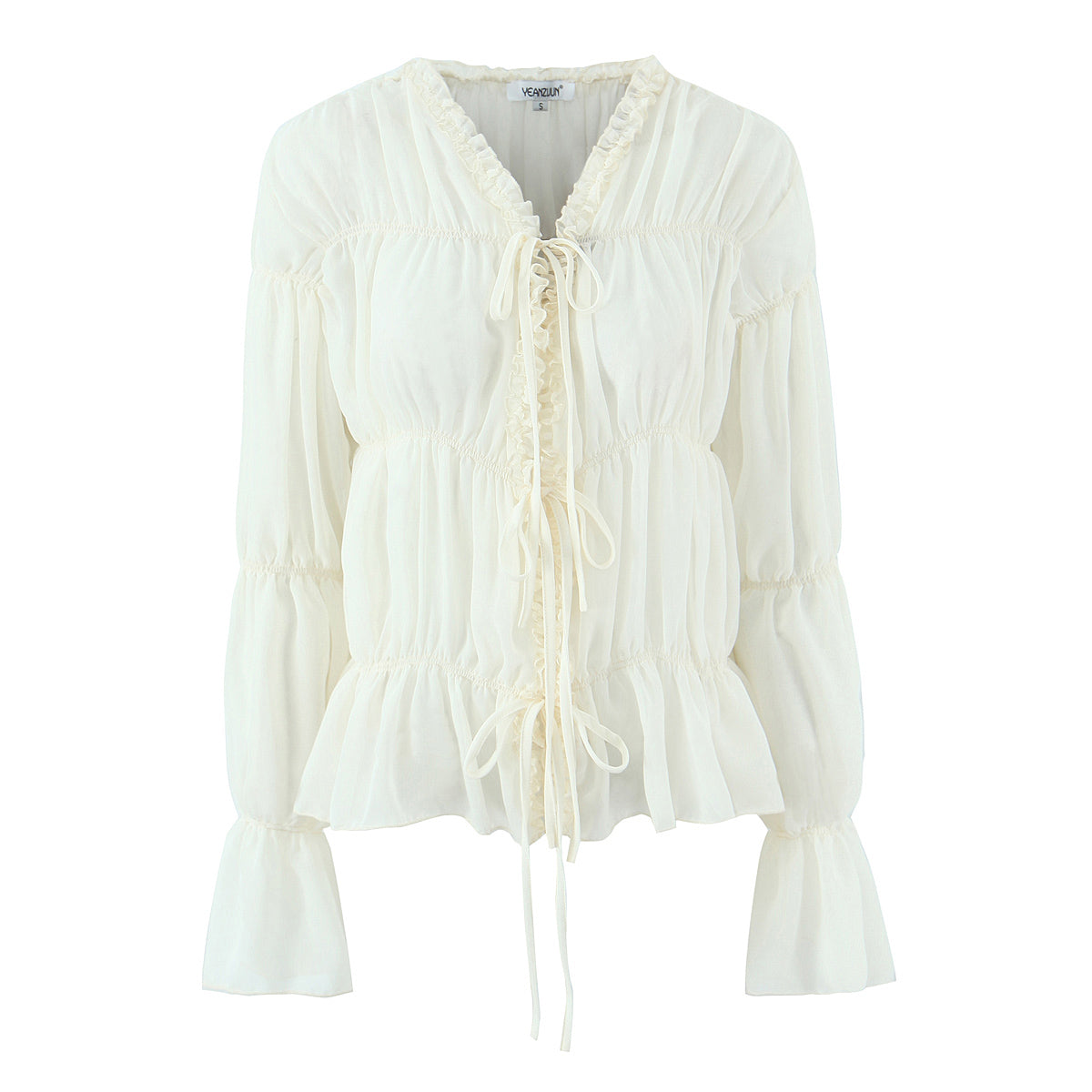 Gentle Pleated Lace up Chiffon Shirt Women Spring Loose Long Sleeve V neck Ruffled Chic Top Wanita Store
