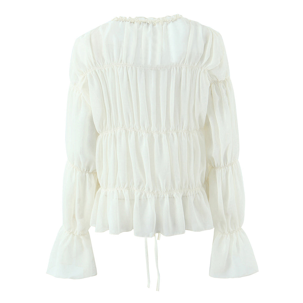 Gentle Pleated Lace up Chiffon Shirt Women Spring Loose Long Sleeve V neck Ruffled Chic Top Wanita Store