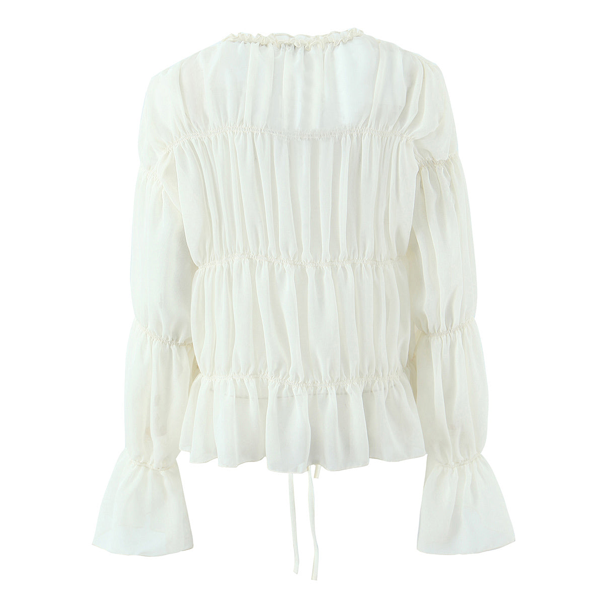 Gentle Pleated Lace up Chiffon Shirt Women Spring Loose Long Sleeve V neck Ruffled Chic Top Wanita Store