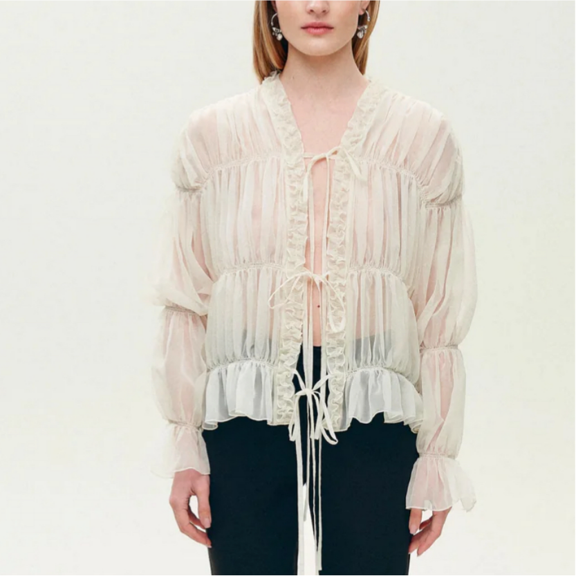 Gentle Pleated Lace up Chiffon Shirt Women Spring Loose Long Sleeve V neck Ruffled Chic Top Wanita Store