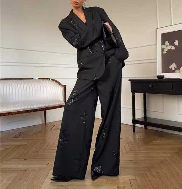 Embroidered Sequin Stripe Work Pant Two-Piece Set Bella Mia