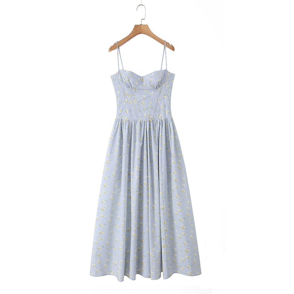 Retro Elegant Floral Pastoral Lace up Waist Controlled Strap Dress Long Dress