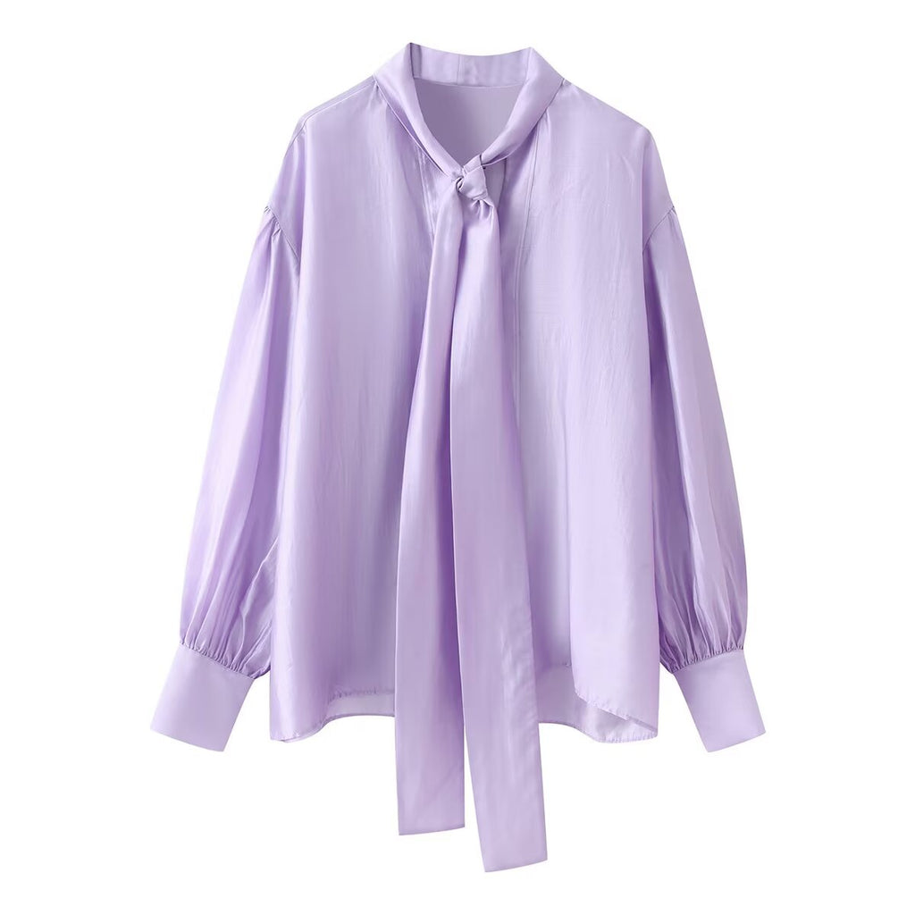 Women Clothing Sweet V neck Long Sleeve Bowknot Straight Hem Shirt Wanita Store