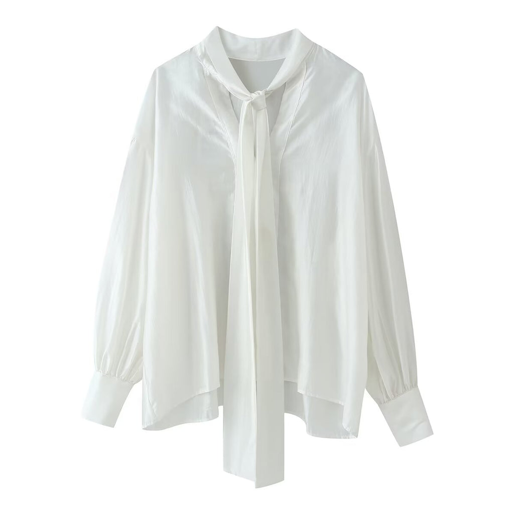 Women Clothing Sweet V neck Long Sleeve Bowknot Straight Hem Shirt Wanita Store
