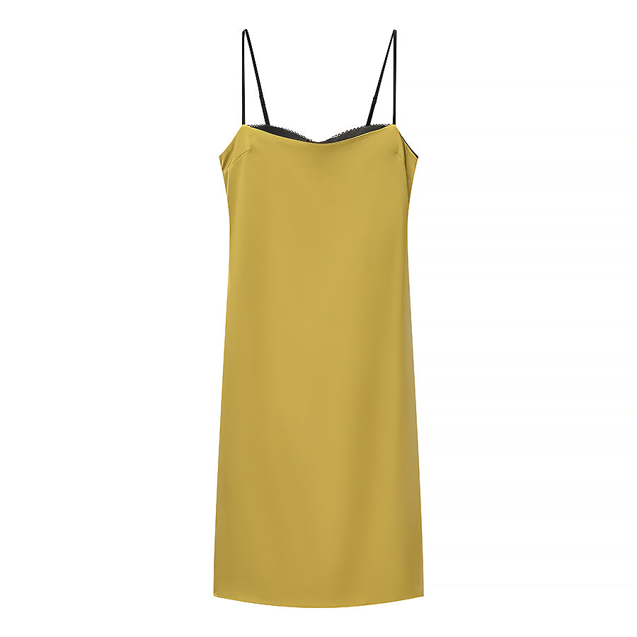 Summer Color Contrast Patchwork Strappy Low Cut Simple Elegant Midi Dress Ragazza